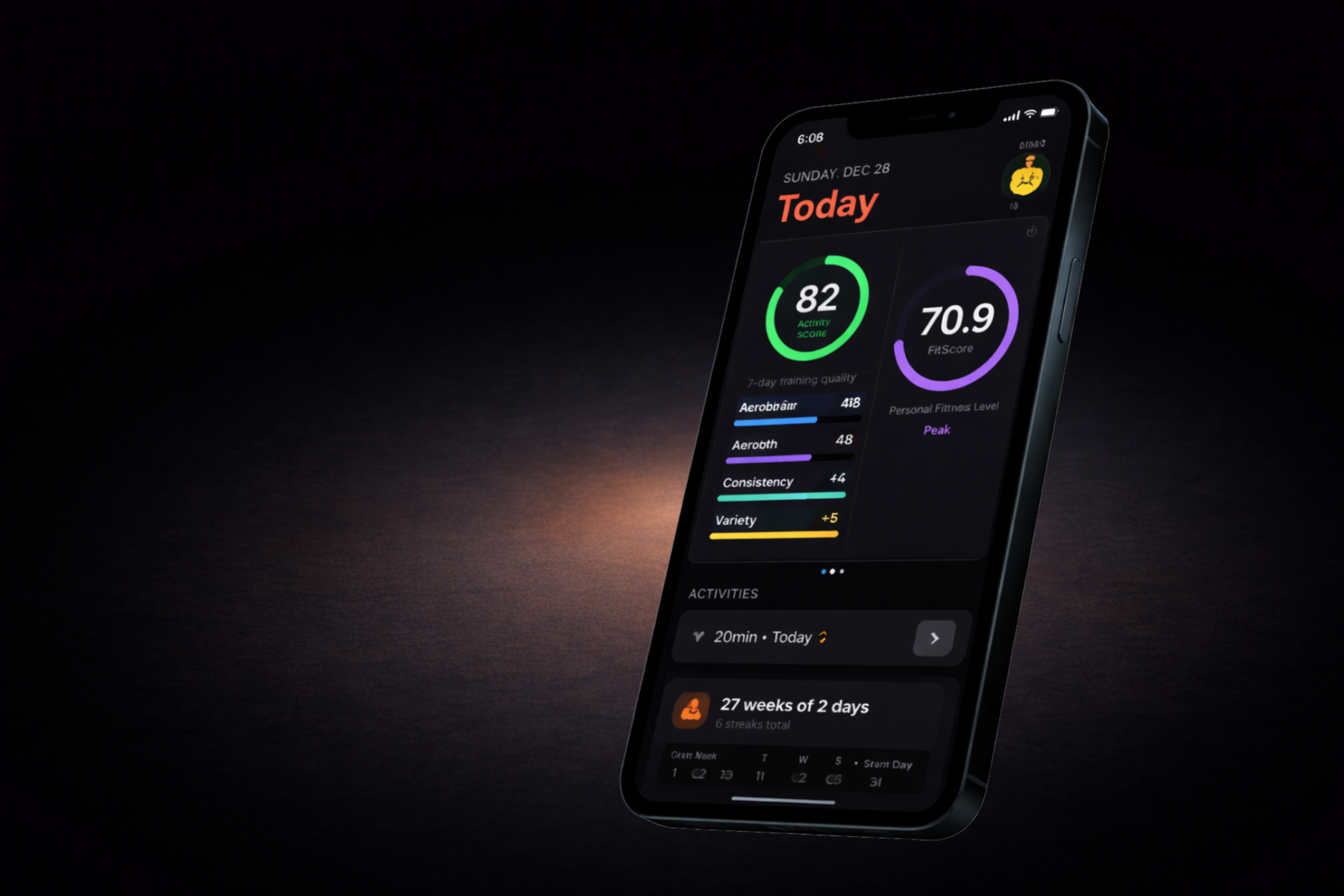 FitScore app showing Activity Score of 82 and FitScore of 70.9