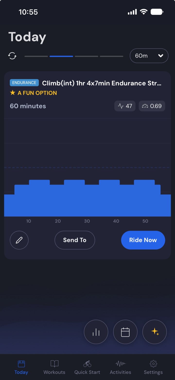 TODAY screen with the day’s workout