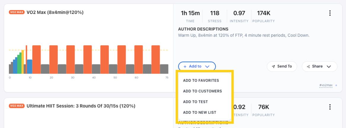 Add a workout to a list — favourites, customers, test, or a new list