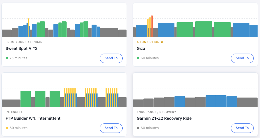 Workout cards with profile charts — tall bars = higher power