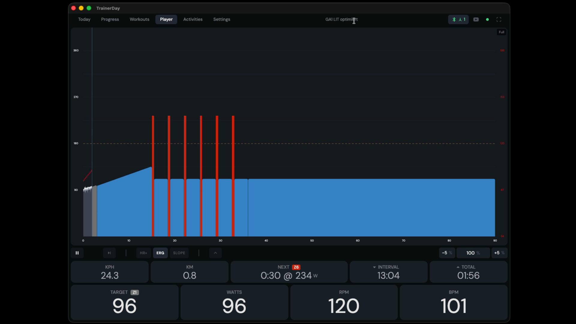 Player — full-width workout chart with transport, mode, and metrics