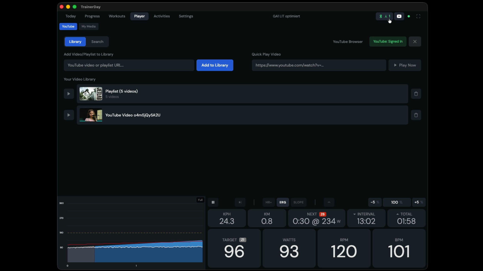 YouTube library in the side panel — add videos, playlists, quick-play