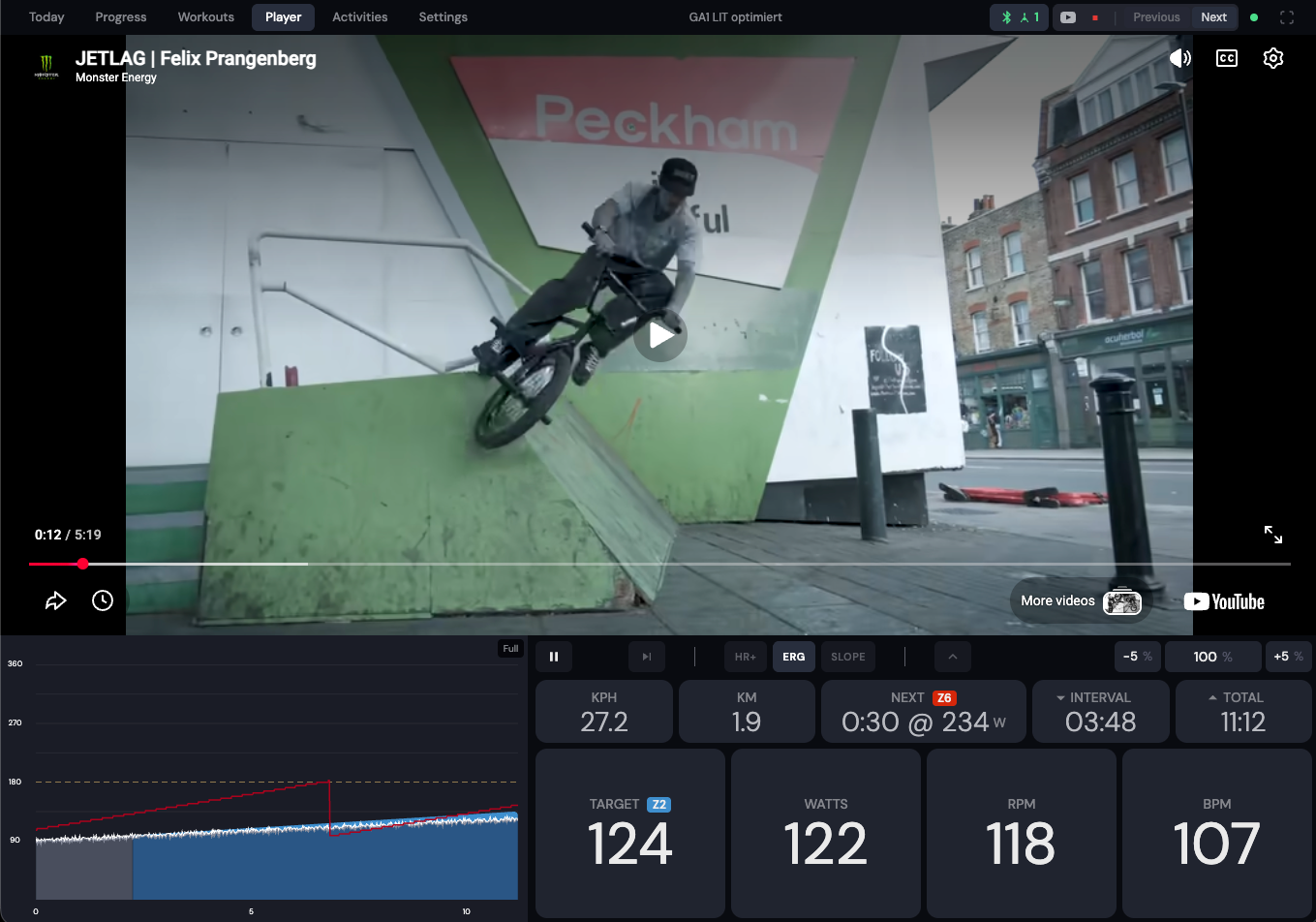 Desktop player with YouTube video and live workout tiles