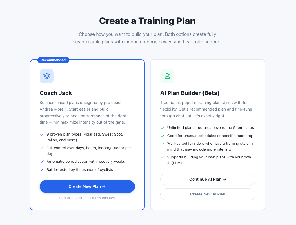Create a Training Plan — the plan builders home page